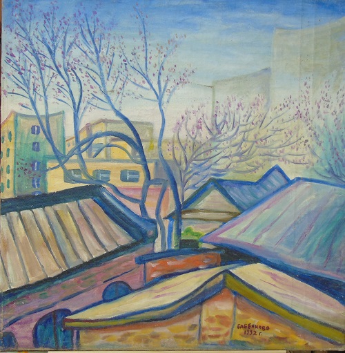 картинка Бабенкова О.Е. "Крыши" х.м. 75*73 , 1992 г.