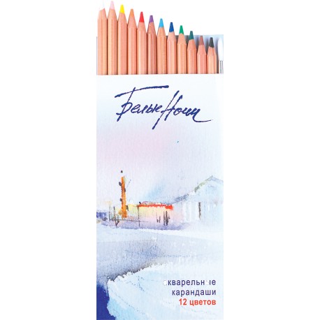 картинка Набор акварельных карандашей с кистью, 12 цветов в картонной коробке "Белые Ночи"