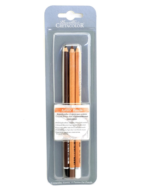 картинка Набор карандашей пастельных 3шт (черный мел/сангина средняя/белый мел)