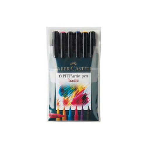 картинка Faber-Castell ручки кисточки профессиональные капилярные PITT-Pen 6 шт "Основные цвета"