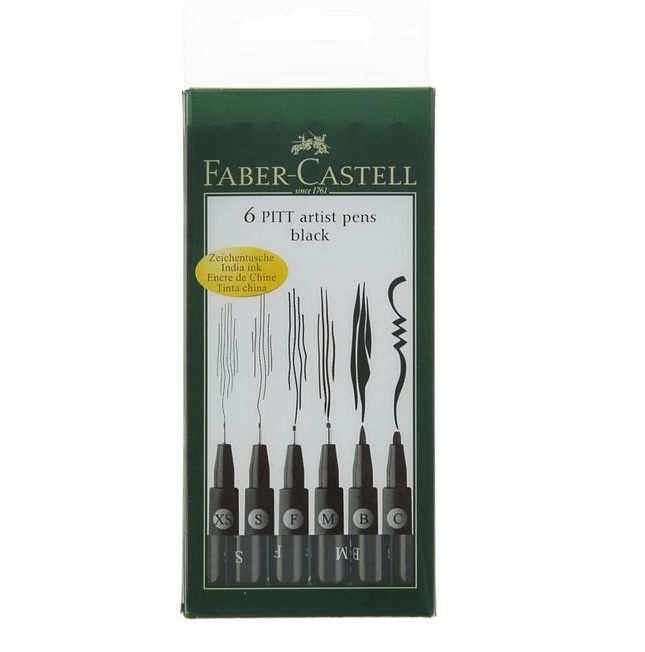картинка Faber-Castell Капиллярные ручки PITT, ширина наконечника M, F, S, XS, B, C, черный, в футляре, 6 шт.