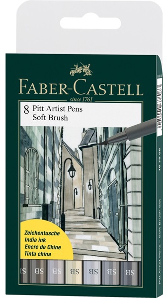 картинка Faber-Castell Капиллярные ручки PITT Artist Pen Soft Brush, оттенки серого, в пласт. упаковке, 8 шт.