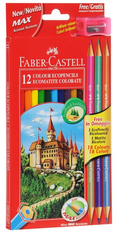 картинка Набор цветных карандашей "ECO ЗАМОК" в картонной коробке, 12 цветов+3 двухцв. кар. с точилкой, 24шт