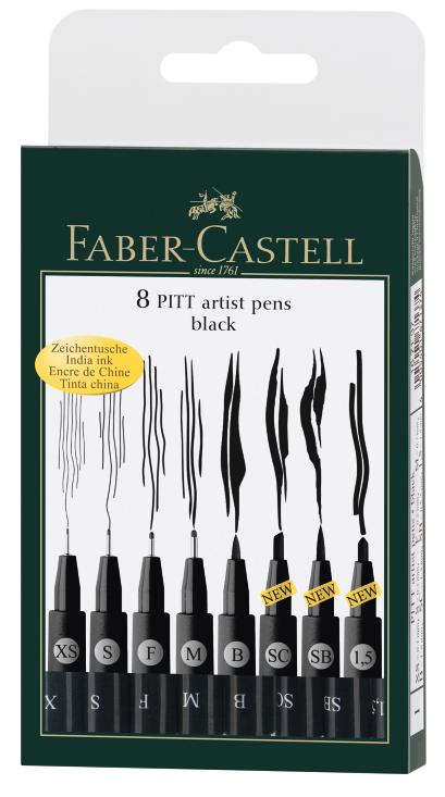 картинка Faber-Castell Капиллярные ручки PITT, черный, набор типов наконечников, в футляре, 8 шт.