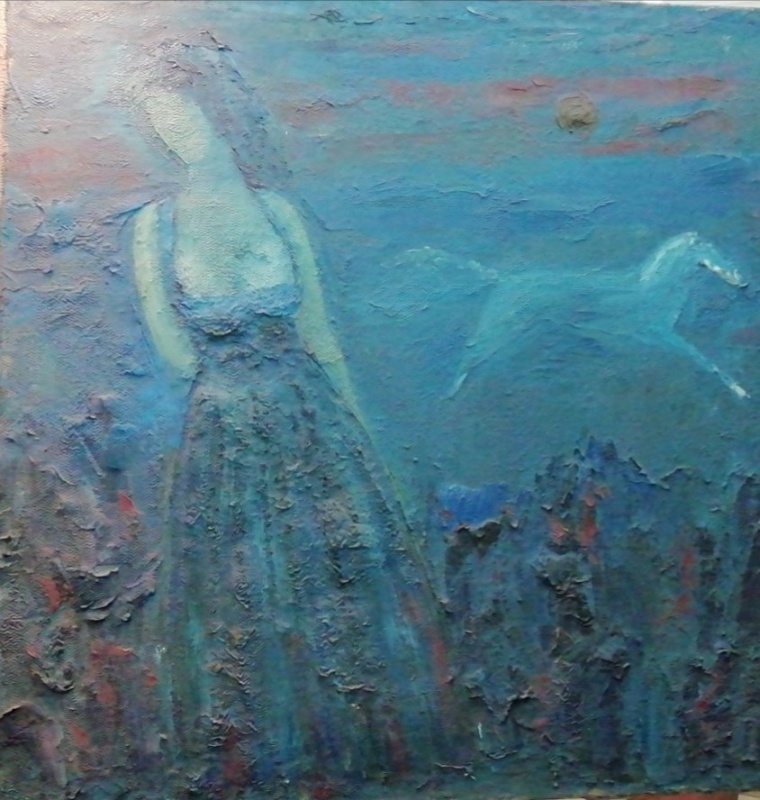 картинка Пашкин Ю.П. " Женщина и белая лошадь " х.м. 90  * 90 ,2001