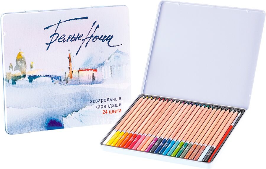 картинка Набор акварельных карандашей с кистью, 24 цвета в жестяном пенале "Белые Ночи"