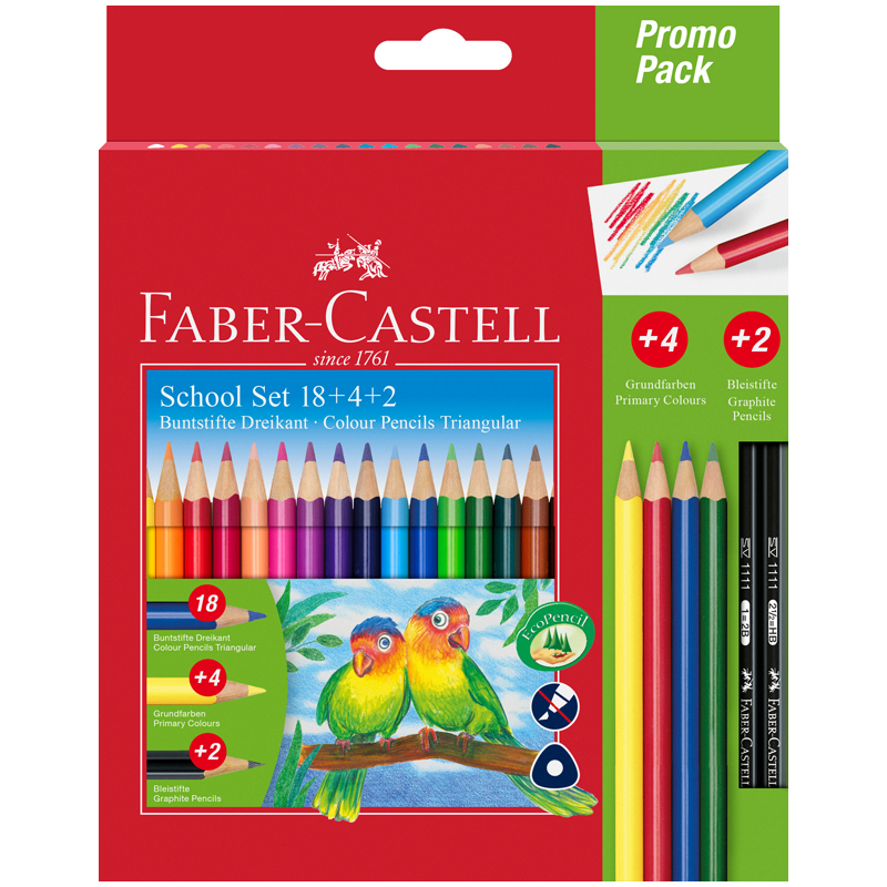 картинка Карандаши цветные Faber-Castell, 18цв., трехгран., заточ.+ 4цв. + 2ч/г кар., картон, европодвес