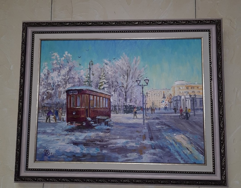картинка Дубовов Н.К "  Ретро трамвай возле сада Липки  " х.м.35*40 ,2021