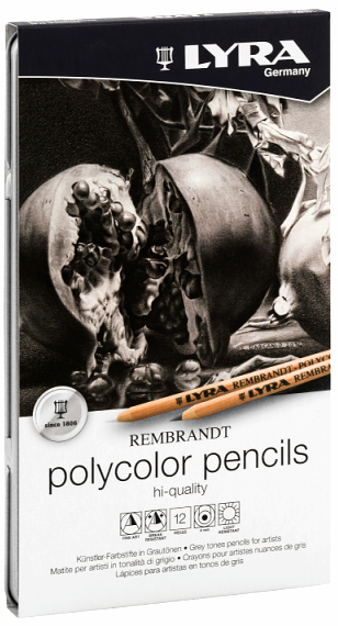 картинка REMBRANDT POLYCOLOR художественные карандаши, оттенки серого 12цв, в метал коробке